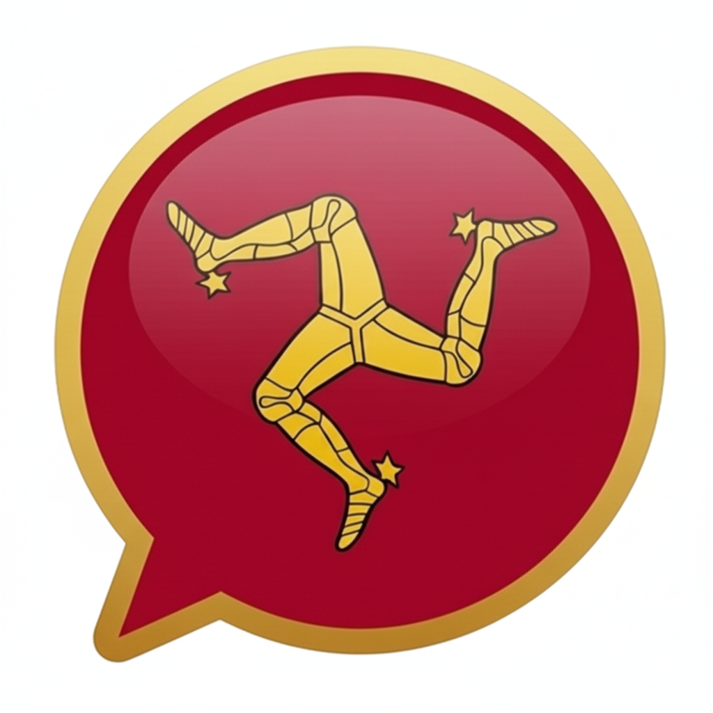 ChatIOM logo - Red chat bubble with gold Isle of Man triskelion